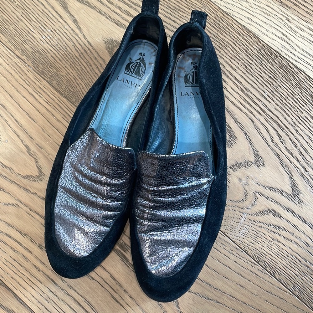 Lanvin Paris black suede and gunmetal loafer